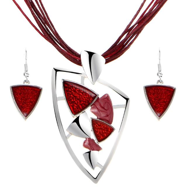 Leather Multi Ropes Geometry Pendant Necklaces Earrings Sets