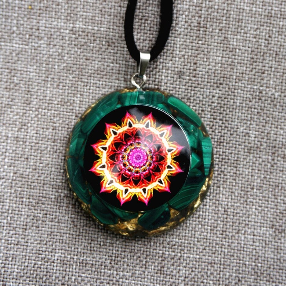 Malachite Flower Of Life EMF Protection Orgonite Necklace