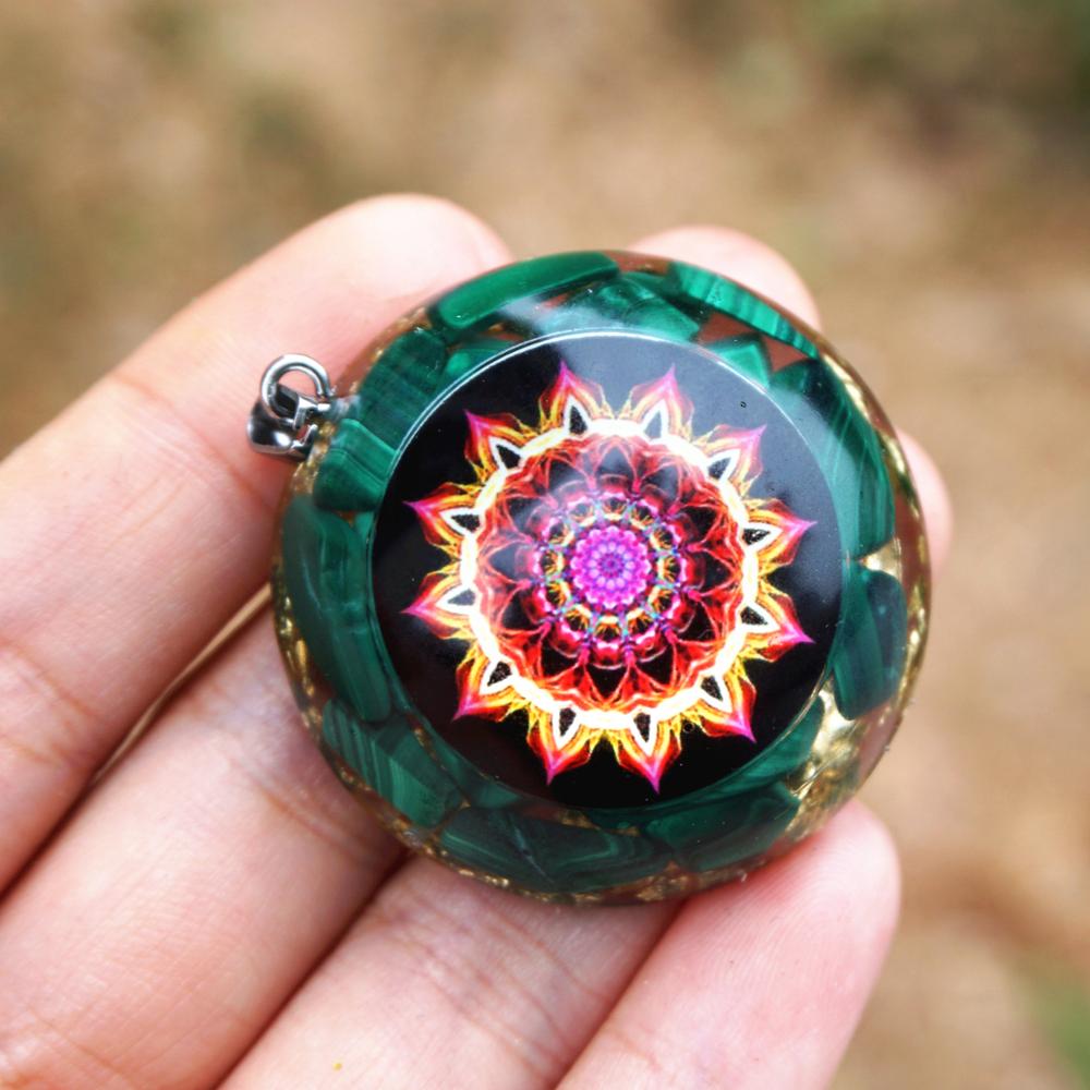 Malachite Flower Of Life EMF Protection Orgonite Necklace