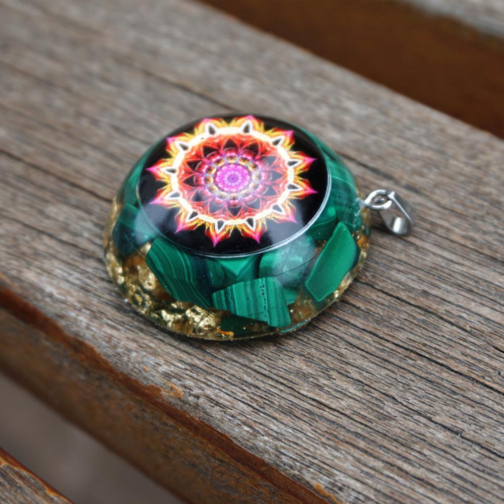 Malachite Flower Of Life EMF Protection Orgonite Necklace