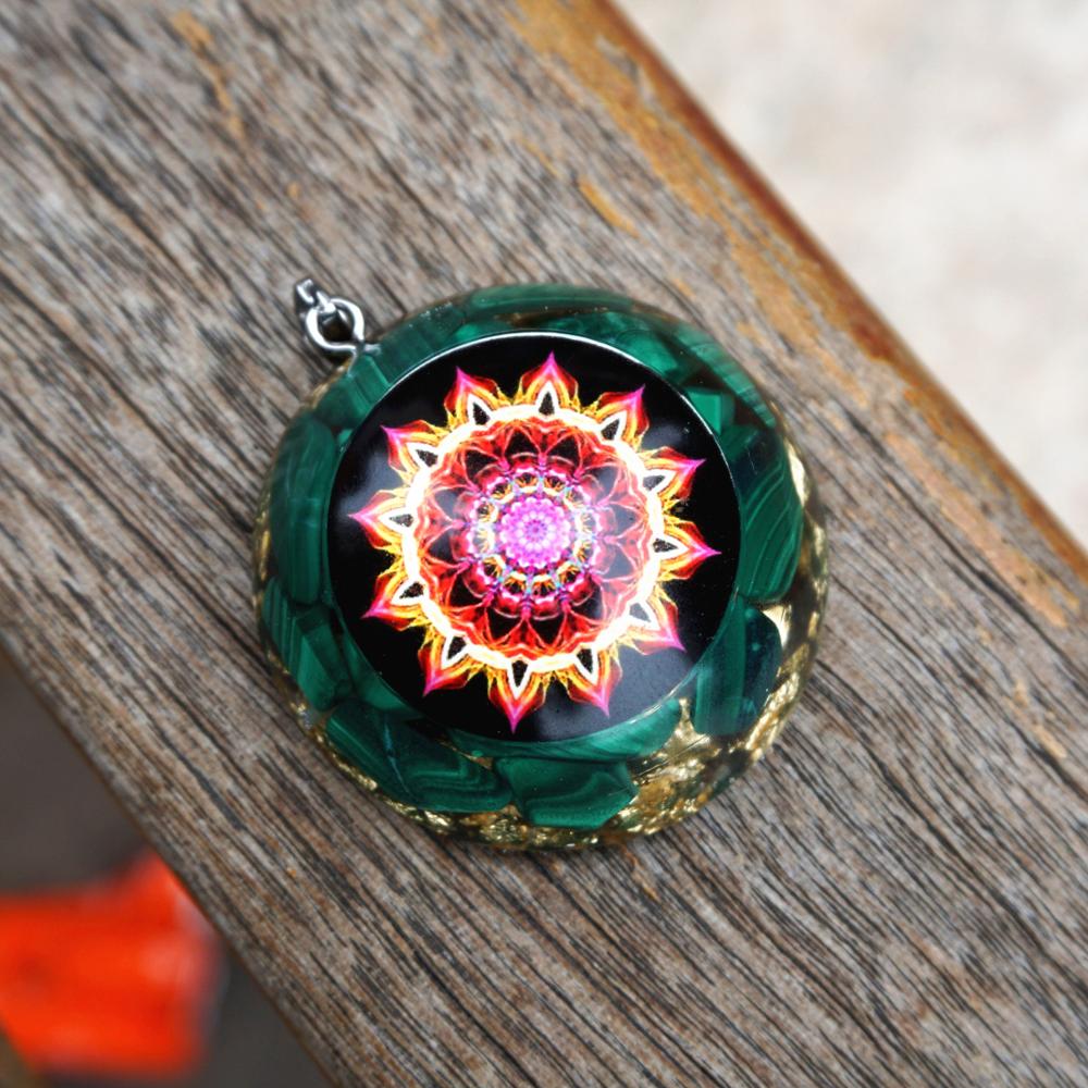 Malachite Flower Of Life EMF Protection Orgonite Necklace