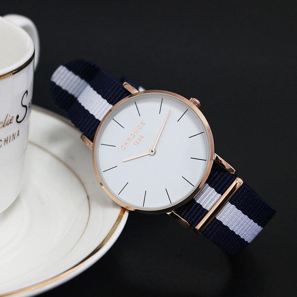 Reloj ultrafino de nailon con rayas para hombre y mujer