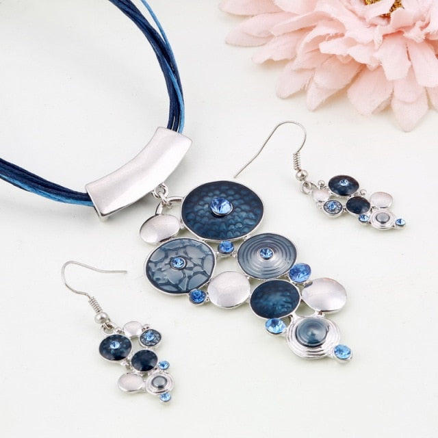 Blue Geometry Shape Pendant Necklace Earring Sets