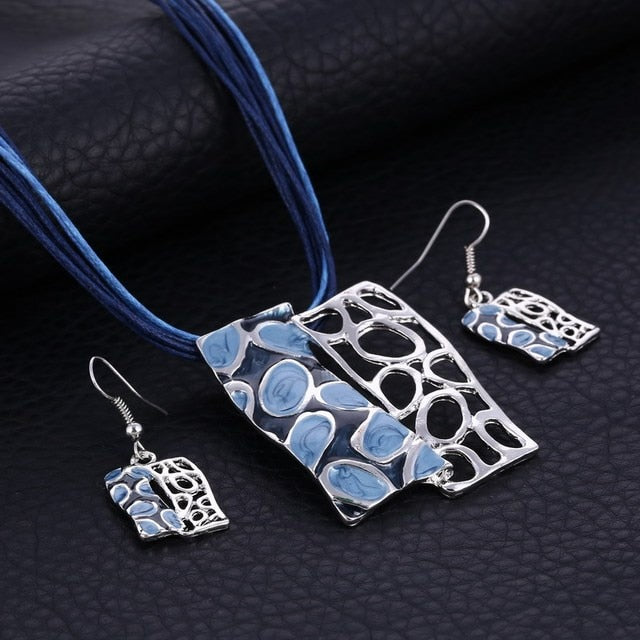 Blue Geometry Shape Pendant Necklace Earring Sets