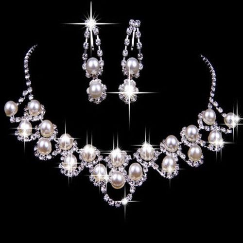 Rhinestone Pearl Plated Necklace Earrings Chic Crystal Jewelry set