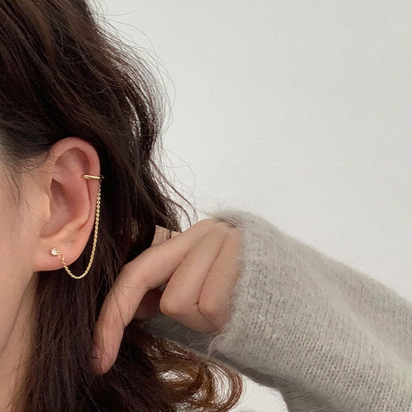Pendientes minimalistas con forma de clip para la oreja, con cristales dorados y cadena de eslabones