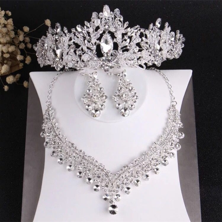 Luxury Heart Crystal Rhinestone Crown  Bridal Jewelry Sets