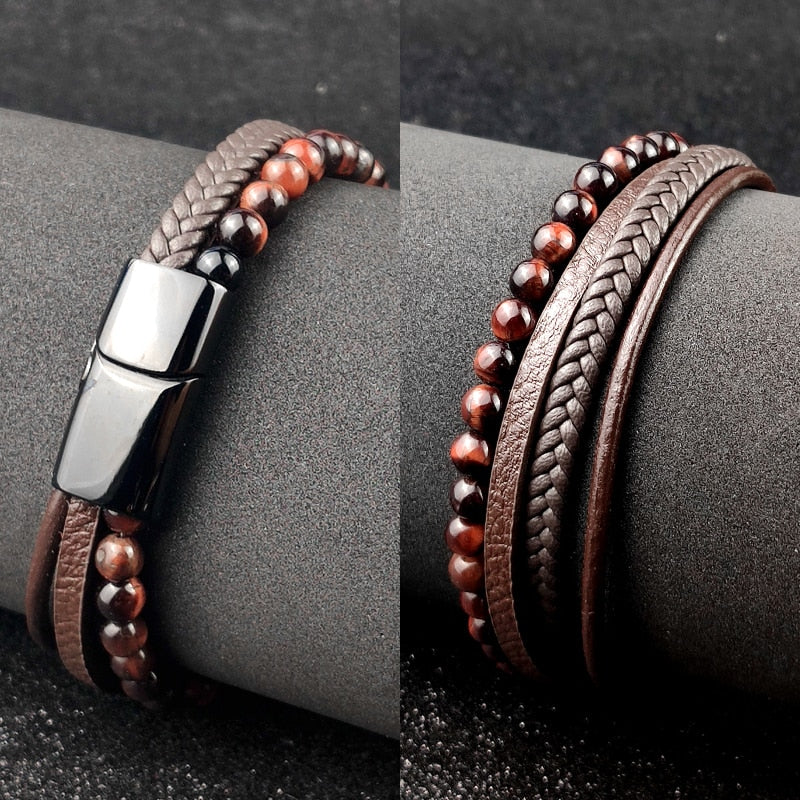 Men  Magnetic  Leather Volcanic Stone bracelet bangles