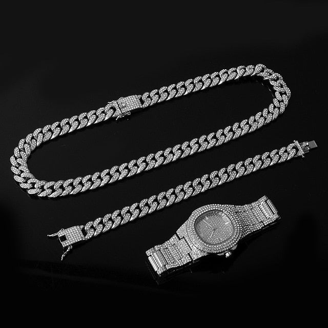 Gold Necklace +Watch+Bracelet Hip Hop Miami