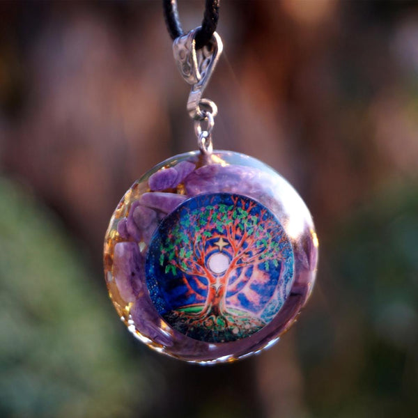 Colgante de orgonita Charoite Chakra con protección EMF y árbol de la vida