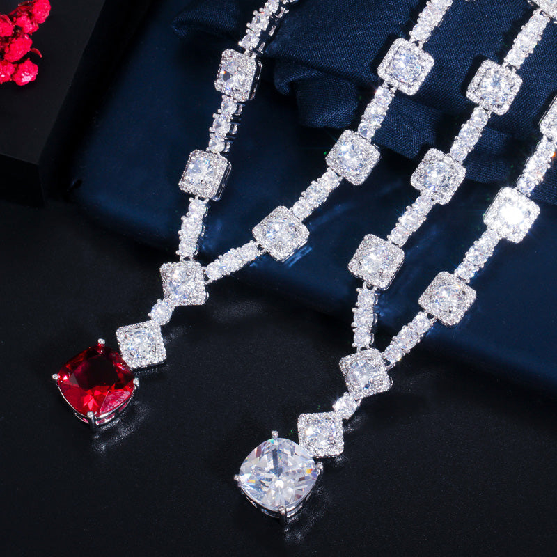 Round and Square Cut Red Cubic Zirconia  Wedding Party Jewelry Se