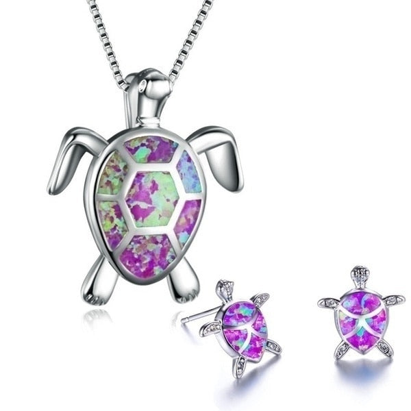 Cute Turtle Blue Imitation Fire Opal Pendant Necklace/Earrings  Set