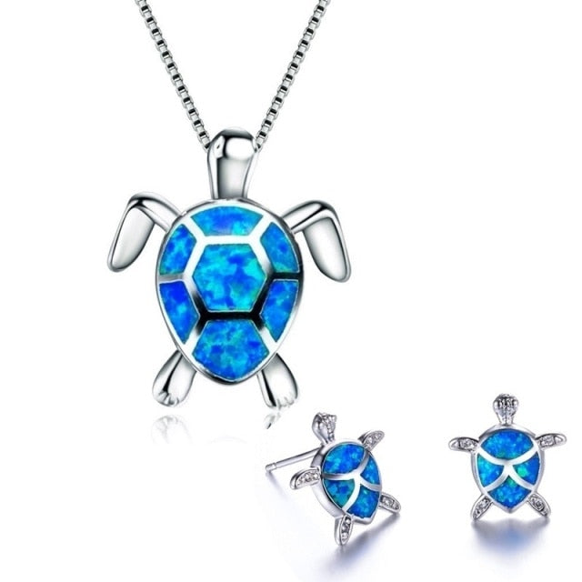 Cute Turtle Blue Imitation Fire Opal Pendant Necklace/Earrings  Set