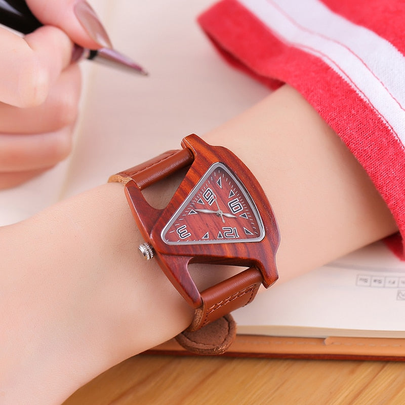 Black Ladies Quartz Watches Female Bamboo Leather Wristwatch