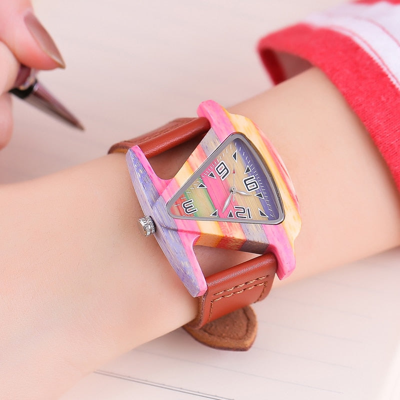 Black Ladies Quartz Watches Female Bamboo Leather Wristwatch