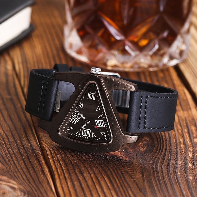 Black Ladies Quartz Watches Female Bamboo Leather Wristwatch