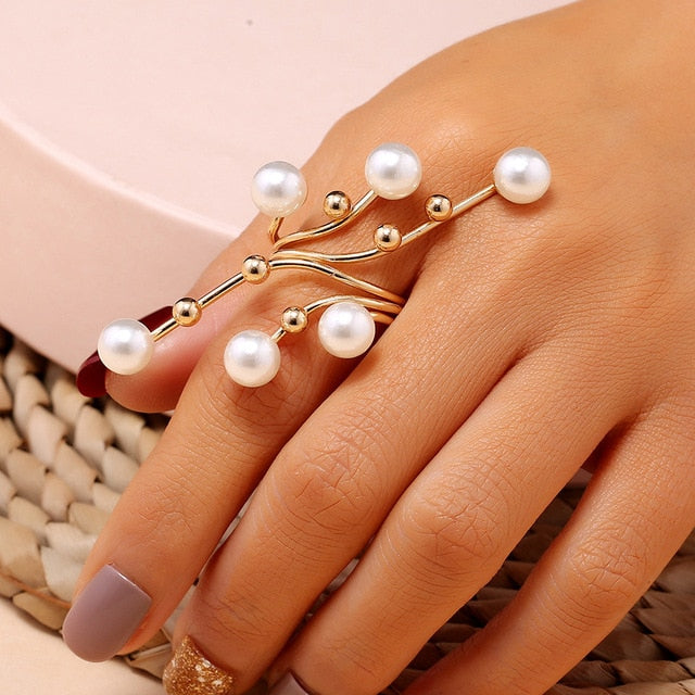 Big Imitation Pearls  Gold Color Metal Hollow  Rings