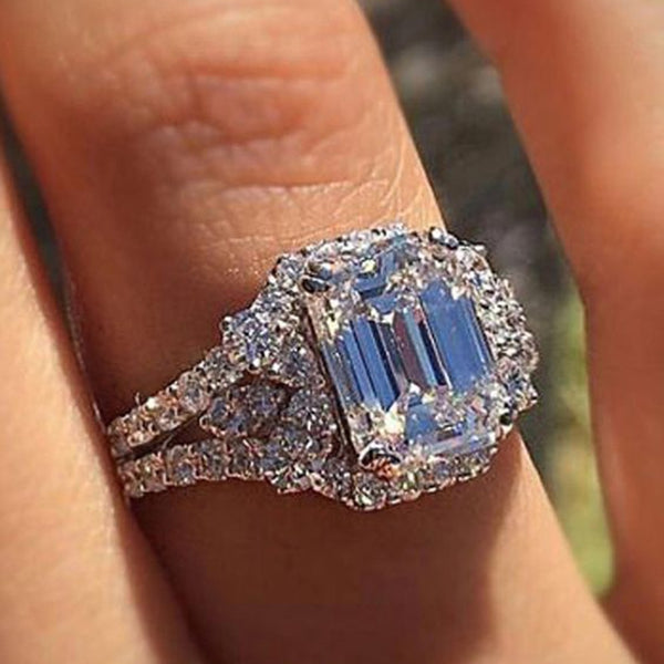 Luxury Silver Color AAA Princess Cut Square Crystal Zircon Stone Women Ring