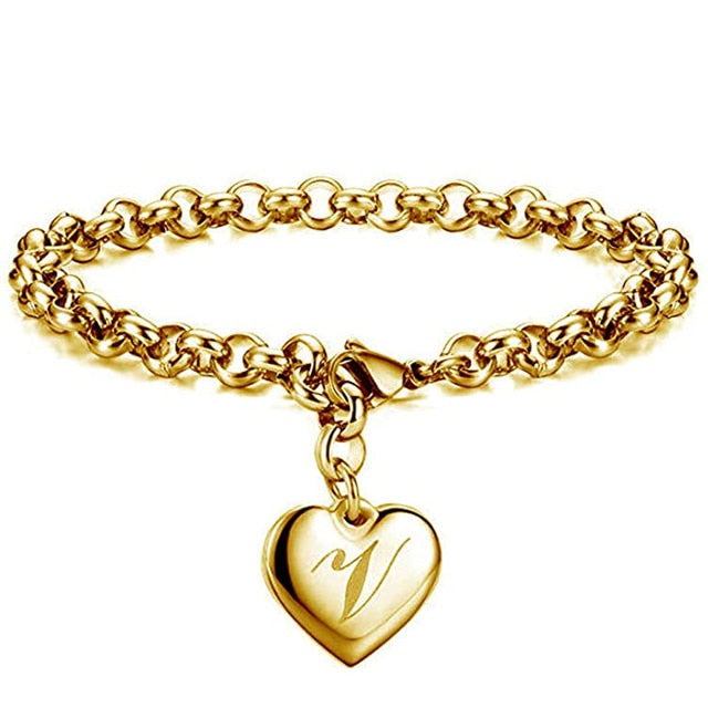 Gold-Color Heart Letters Alphabet Bracelet