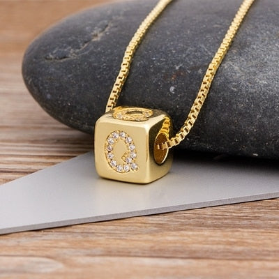 Micro Pave Copper CZ Cube Letter Pendant Necklaces