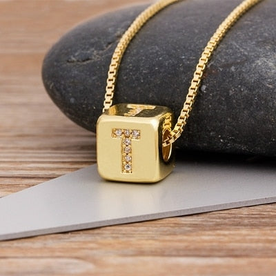 Micro Pave Copper CZ Cube Letter Pendant Necklaces
