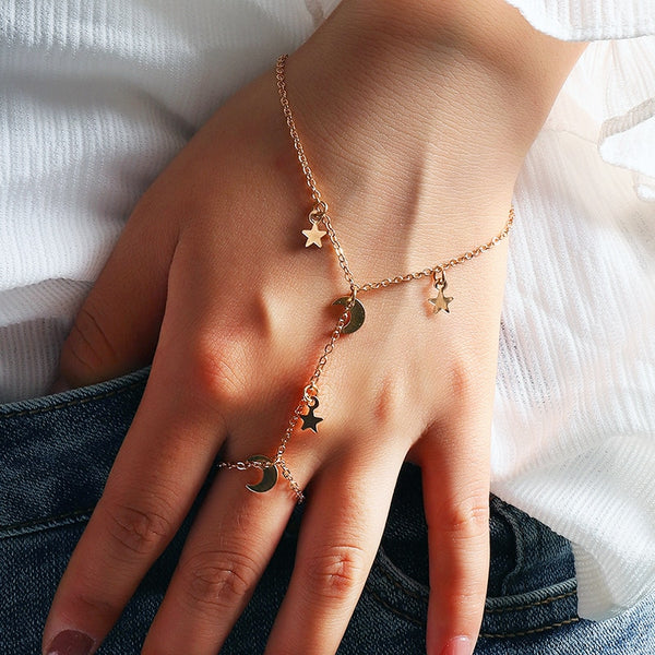 Pulsera de cadena con colgante de estrella y luna, sencilla y bonita