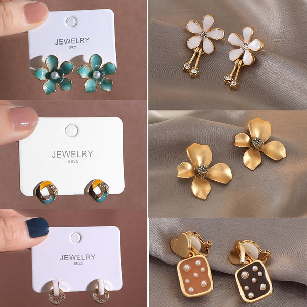 Pendientes de clip con flor de esmalte blanco coreano sin perforar para mujer