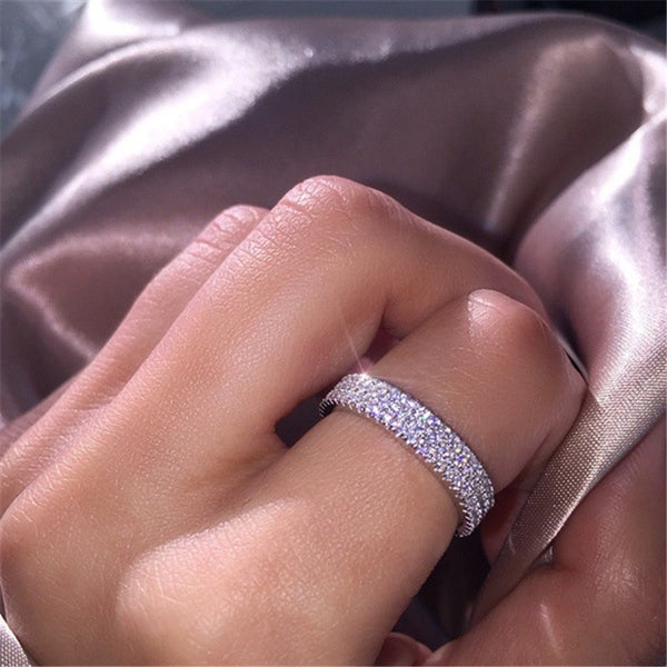Anillo de tres filas de diamantes de imitación para mujer, joyería vintage sencilla.