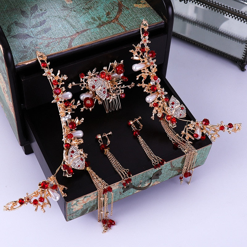 Luxury Fashion Bride style pearl tassel hairpin haircomb earrings set
