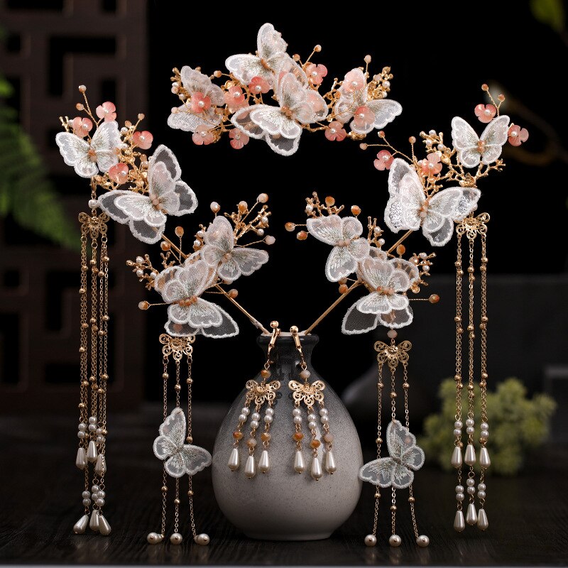 Luxury Fashion Bride style pearl tassel hairpin haircomb earrings set