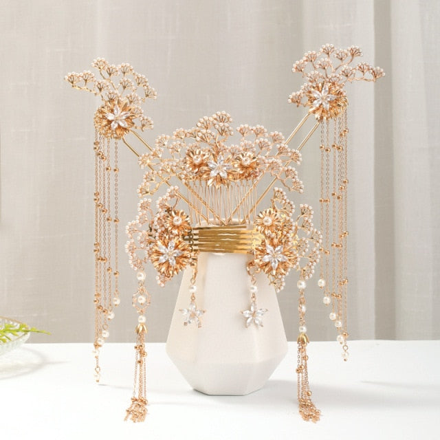 Luxury Fashion Bride style pearl tassel hairpin haircomb earrings set