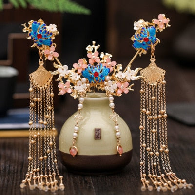 Luxury Fashion Bride style pearl tassel hairpin haircomb earrings set