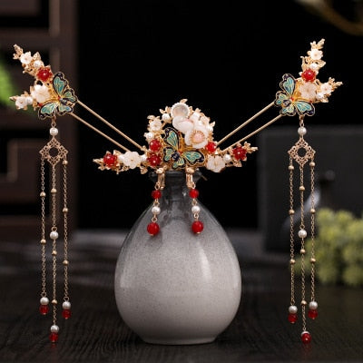 Luxury Fashion Bride style pearl tassel hairpin haircomb earrings set