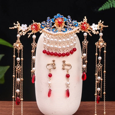 Luxury Fashion Bride style pearl tassel hairpin haircomb earrings set