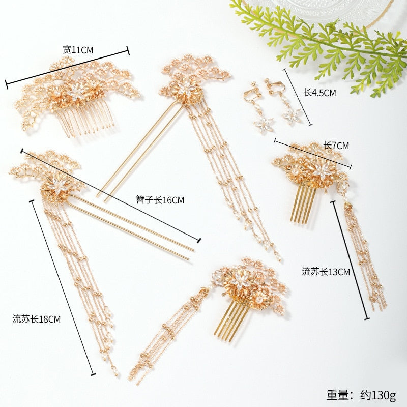 Luxury Fashion Bride style pearl tassel hairpin haircomb earrings set
