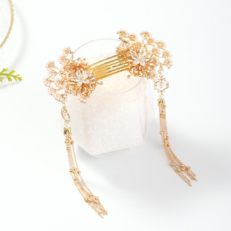 Luxury Fashion Bride style pearl tassel hairpin haircomb earrings set