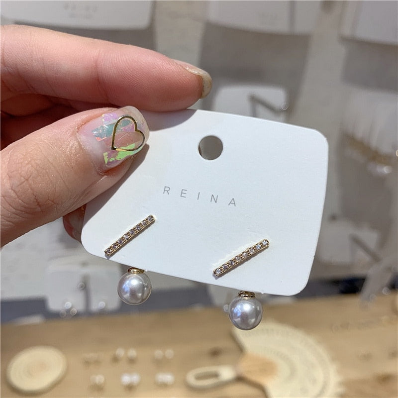 Korean Crystal Line Metal Pearl Stud Earrings