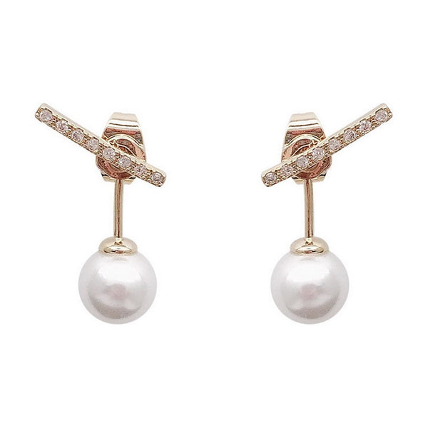 New Korean Crystal Line Metal Pearl Stud Earrings