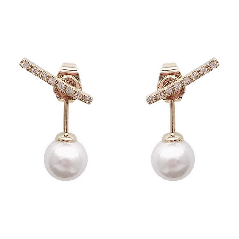 Korean Crystal Line Metal Pearl Stud Earrings