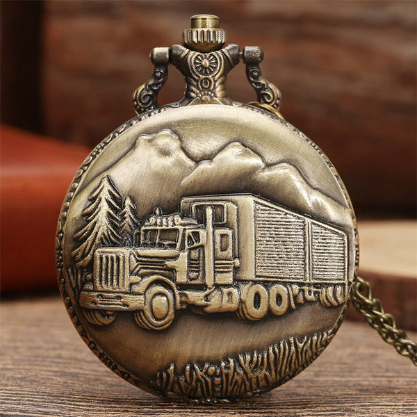 Vintage Bronze Retro Big Truck Forest Tree Pocket Watch