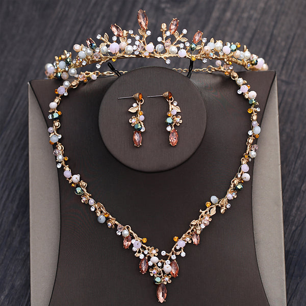 Conjuntos de joyería nupcial con cuentas de cristal dorado vintage y barroco de diamantes de imitación