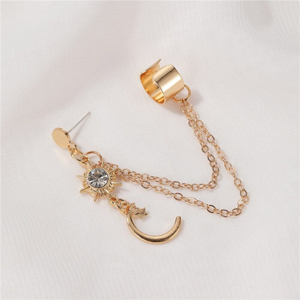 Pendientes retro con cadena larga con borlas y clip para el hueso de la oreja
