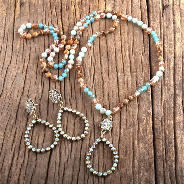 Natural Stone & Glass Long Knotted Drop Pendant Necklace Earring Set