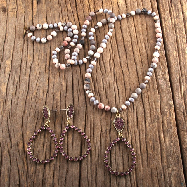 Natural Stone & Glass Long Knotted Drop Pendant Necklace Earring Set