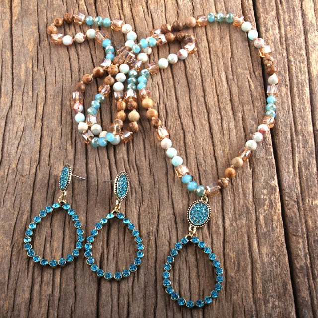 Natural Stone & Glass Long Knotted Drop Pendant Necklace Earring Set