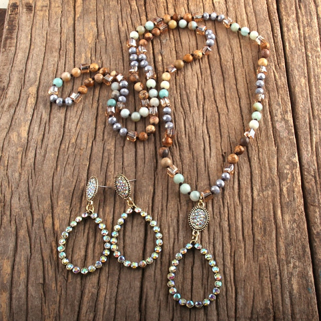 Natural Stone & Glass Long Knotted Drop Pendant Necklace Earring Set