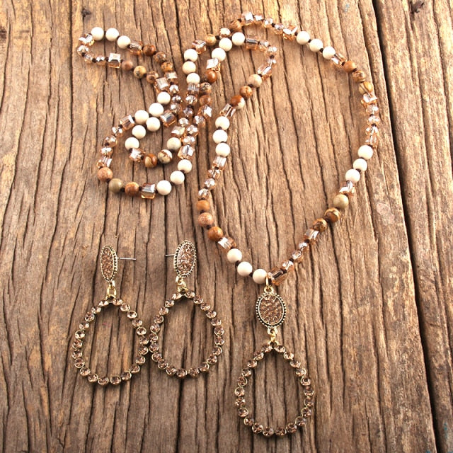 Natural Stone & Glass Long Knotted Drop Pendant Necklace Earring Set