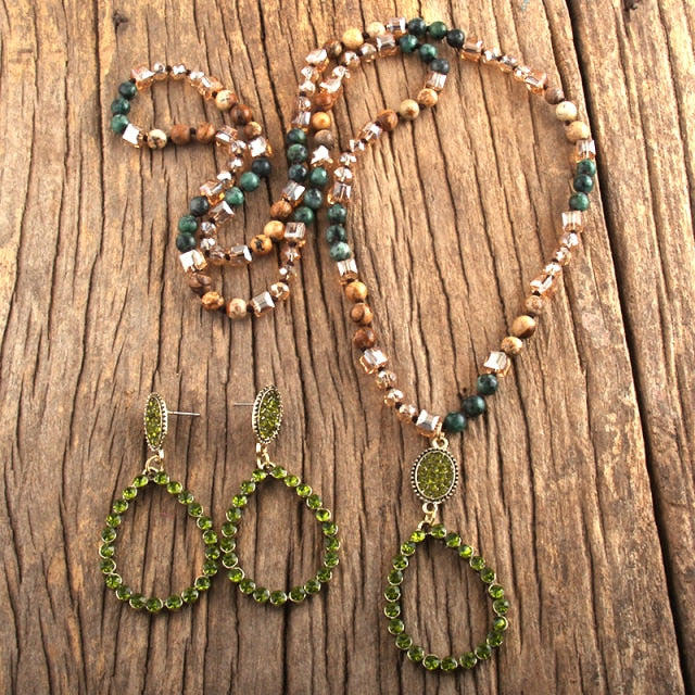 Natural Stone & Glass Long Knotted Drop Pendant Necklace Earring Set