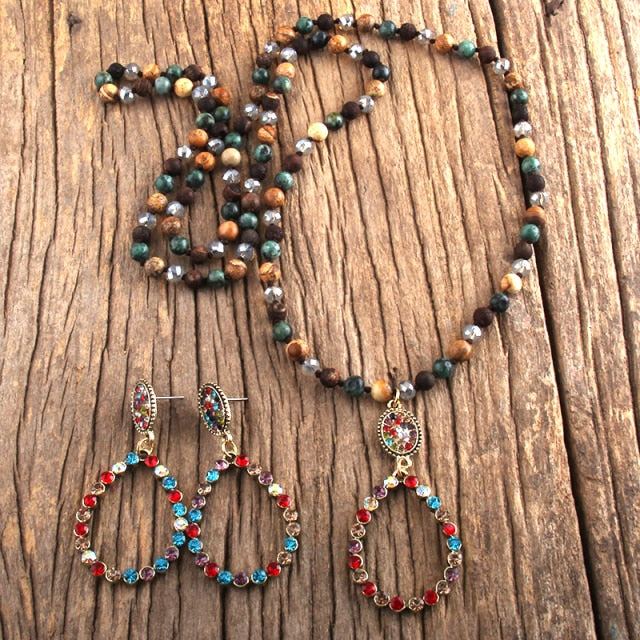 Natural Stone & Glass Long Knotted Drop Pendant Necklace Earring Set