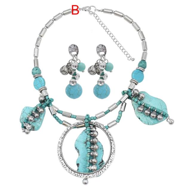 Afghan Silver Color Coin Tassel Bib Statement Necklace & Earring Sets